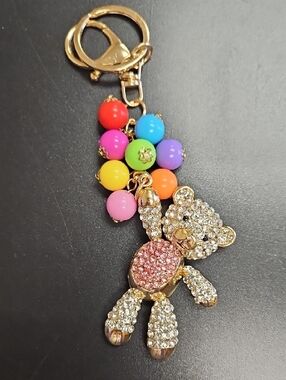 Gold Teddy Bear Keychain with Multicolor Beads -
